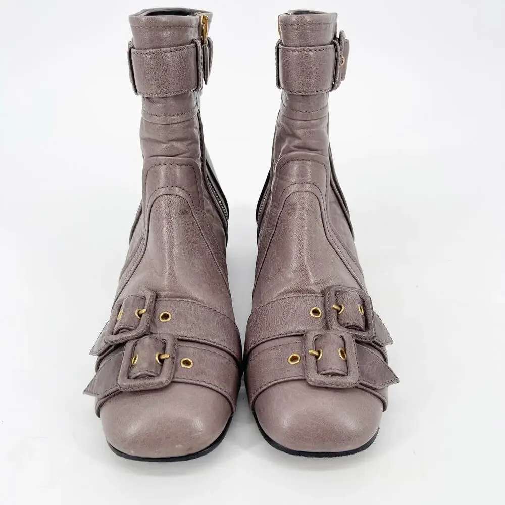 Prada F/W 2017 Dove Gray Multi Buckle Moto Grunge Square Toe Ankle Boot IT 37.5